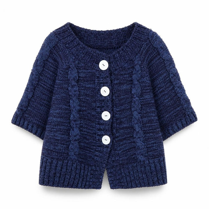 M&Co Women’s Blue Cable-Knit Petite Short Sleeve Cardigan Size S