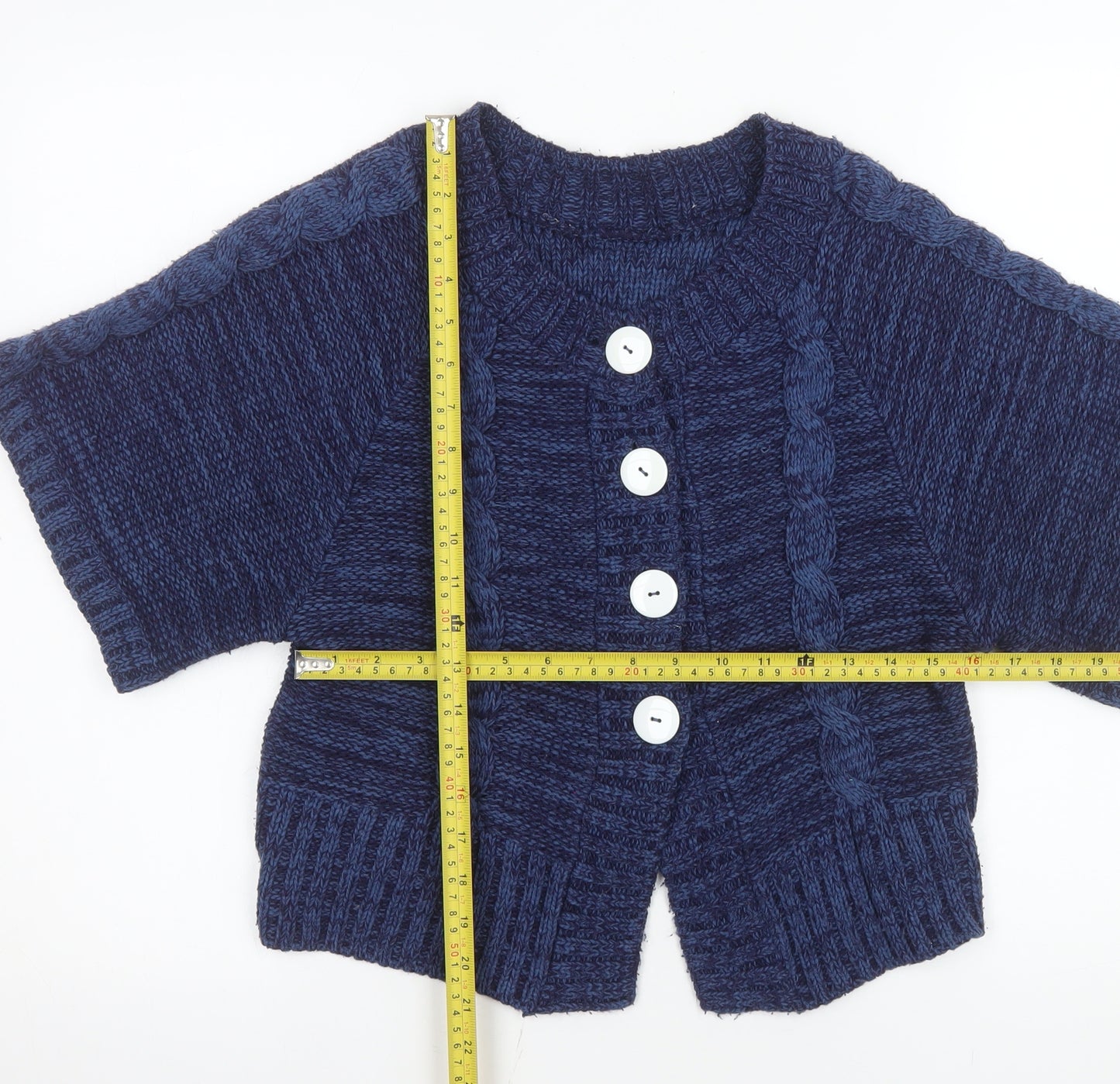 M&Co Women’s Blue Cable-Knit Petite Short Sleeve Cardigan Size S