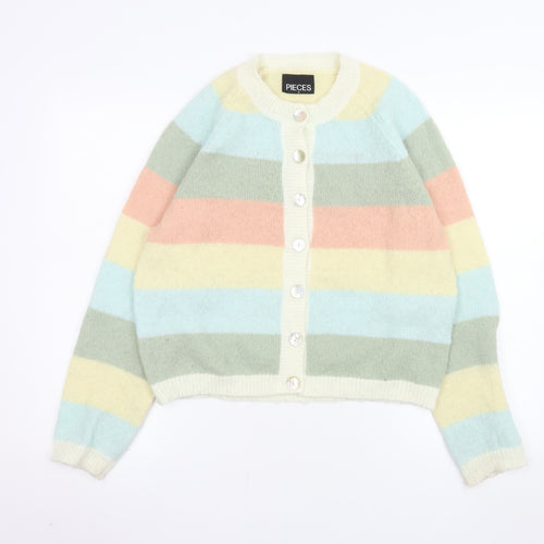 Pieces Womens Multicoloured Striped Cardigan M Knit Crew Neck
