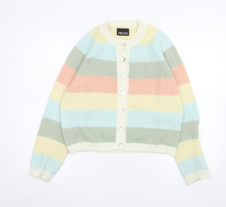 Pieces Womens Multicoloured Striped Cardigan M Knit Crew Neck