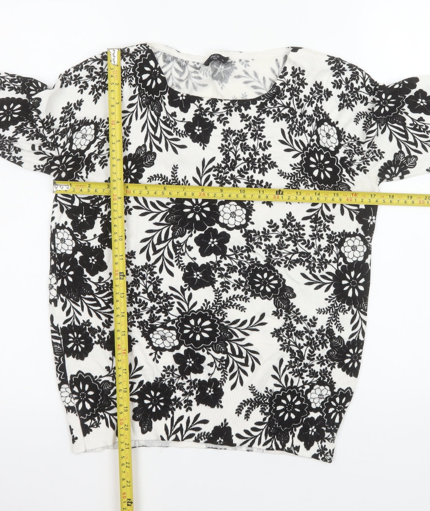 M&Co Women Ivory Black Floral Knit Blouse Size 14