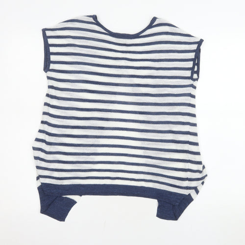 Next Women Blue Striped Knit Linen Blend Short Sleeve Top Size 10