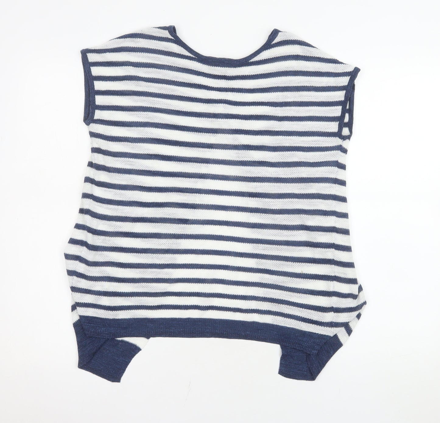 Next Women Blue Striped Knit Linen Blend Short Sleeve Top Size 10