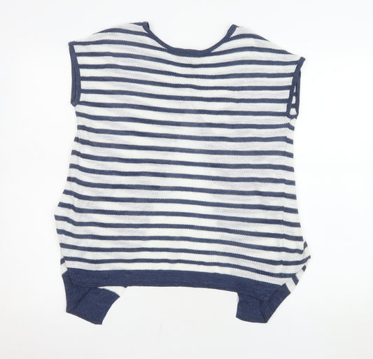 Next Women Blue Striped Knit Linen Blend Short Sleeve Top Size 10
