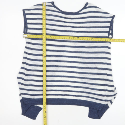 Next Women Blue Striped Knit Linen Blend Short Sleeve Top Size 10