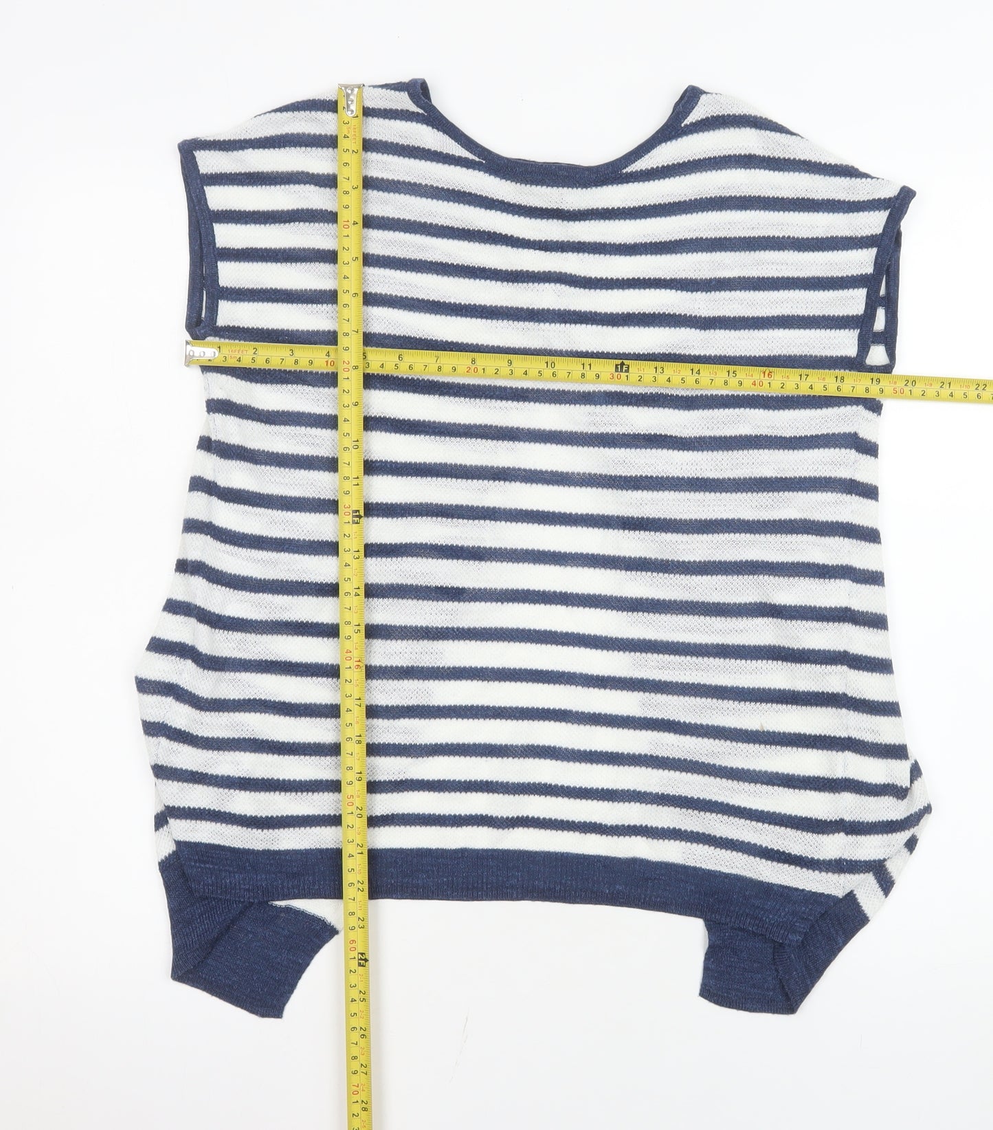 Next Women Blue Striped Knit Linen Blend Short Sleeve Top Size 10