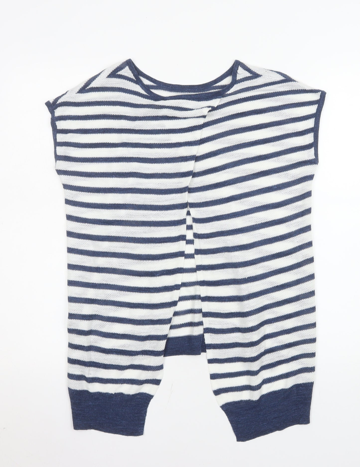 Next Women Blue Striped Knit Linen Blend Short Sleeve Top Size 10
