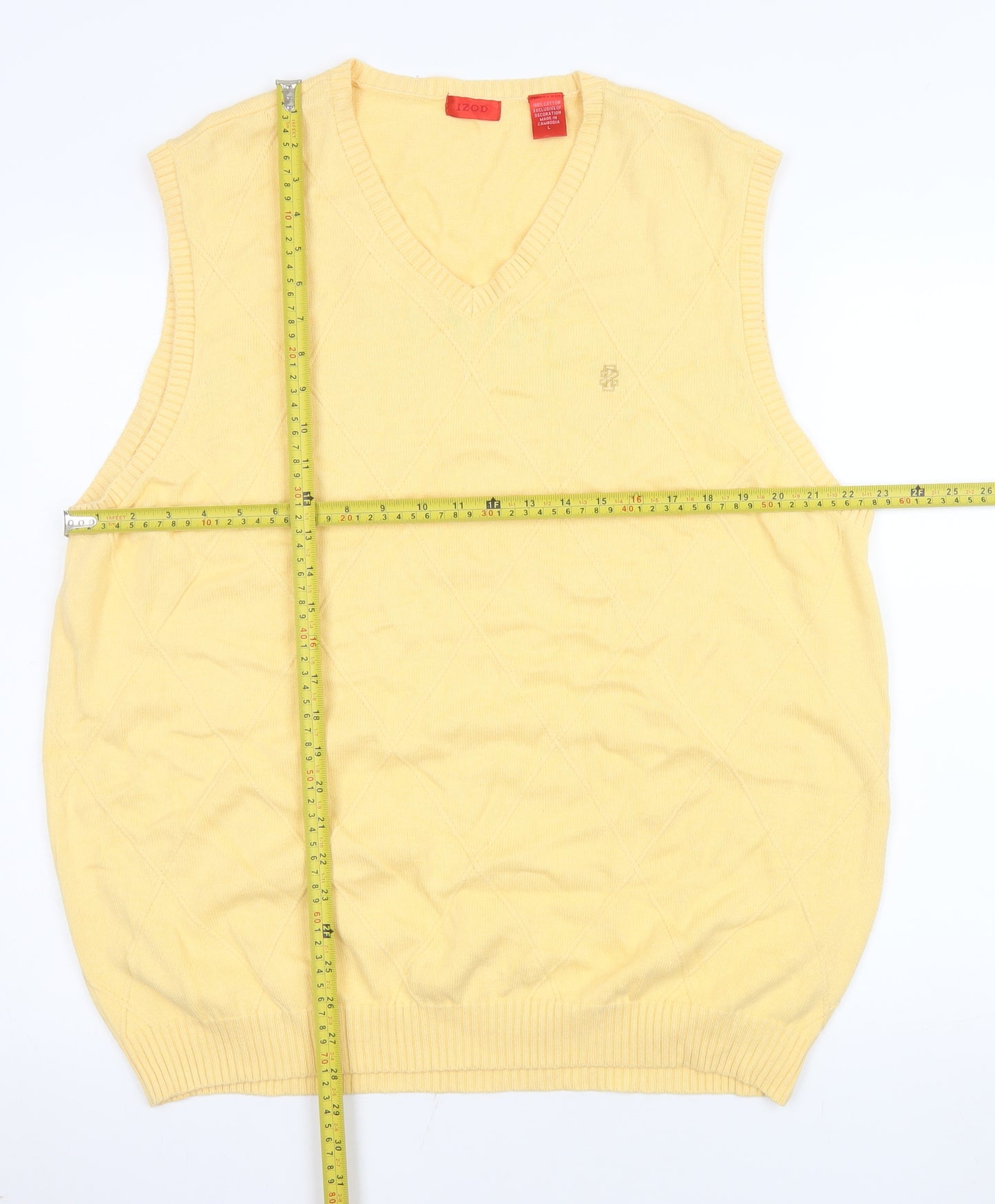 IZOD Men's Yellow Cotton Sleeveless V-Neck Argyle Vest L