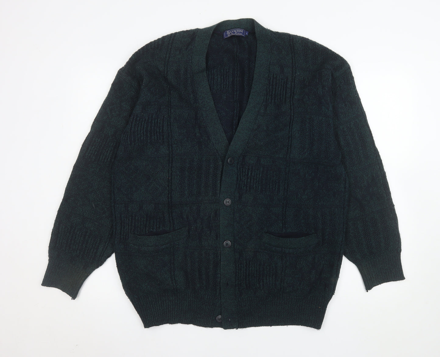 Savatini Men's Green Acrylic Knit Cardigan L Classic V-Neck