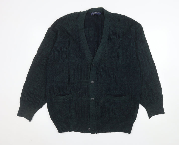 Savatini Men's Green Acrylic Knit Cardigan L Classic V-Neck