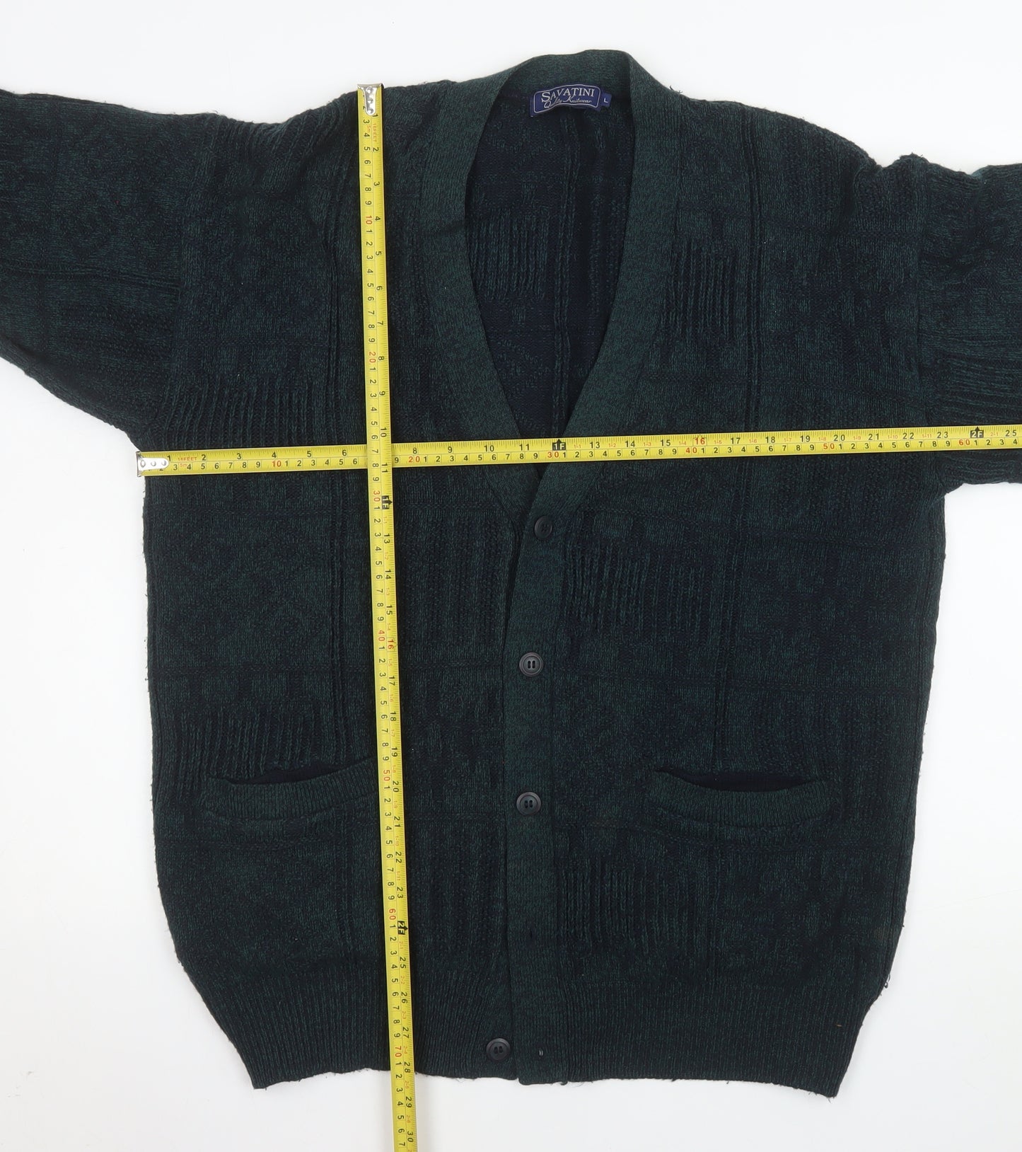Savatini Men's Green Acrylic Knit Cardigan L Classic V-Neck