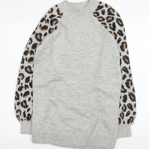 Tu Women Grey Leopard Sleeve Crew Neck Long Sleeve Jumper Size 12