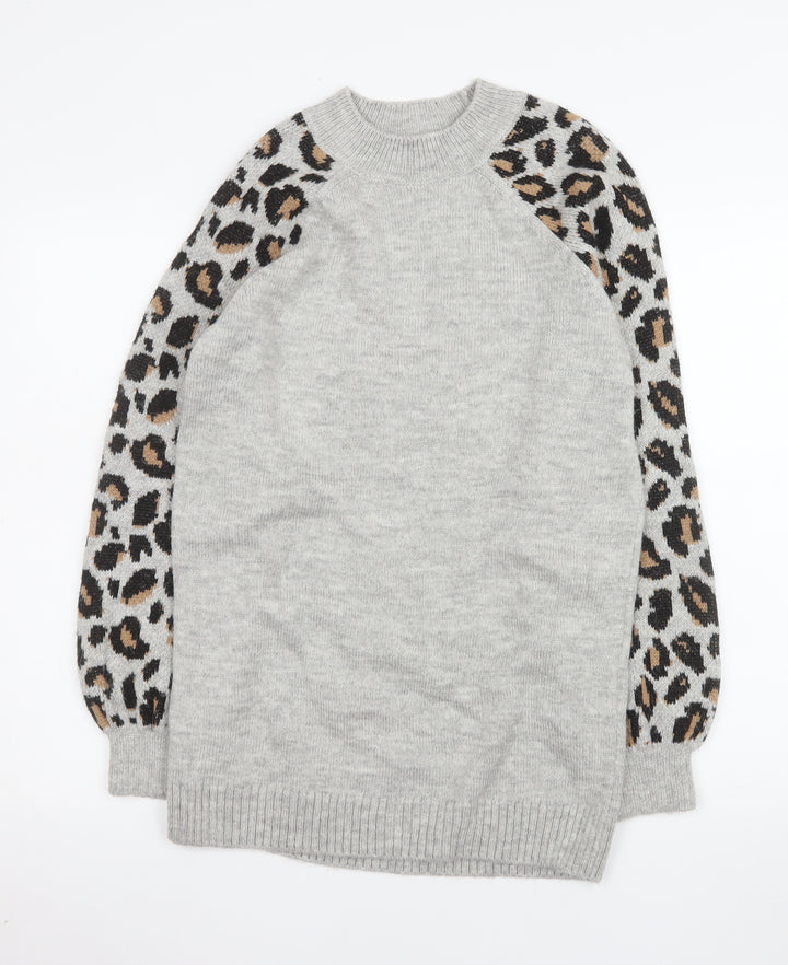 Tu Women Grey Leopard Sleeve Crew Neck Long Sleeve Jumper Size 12