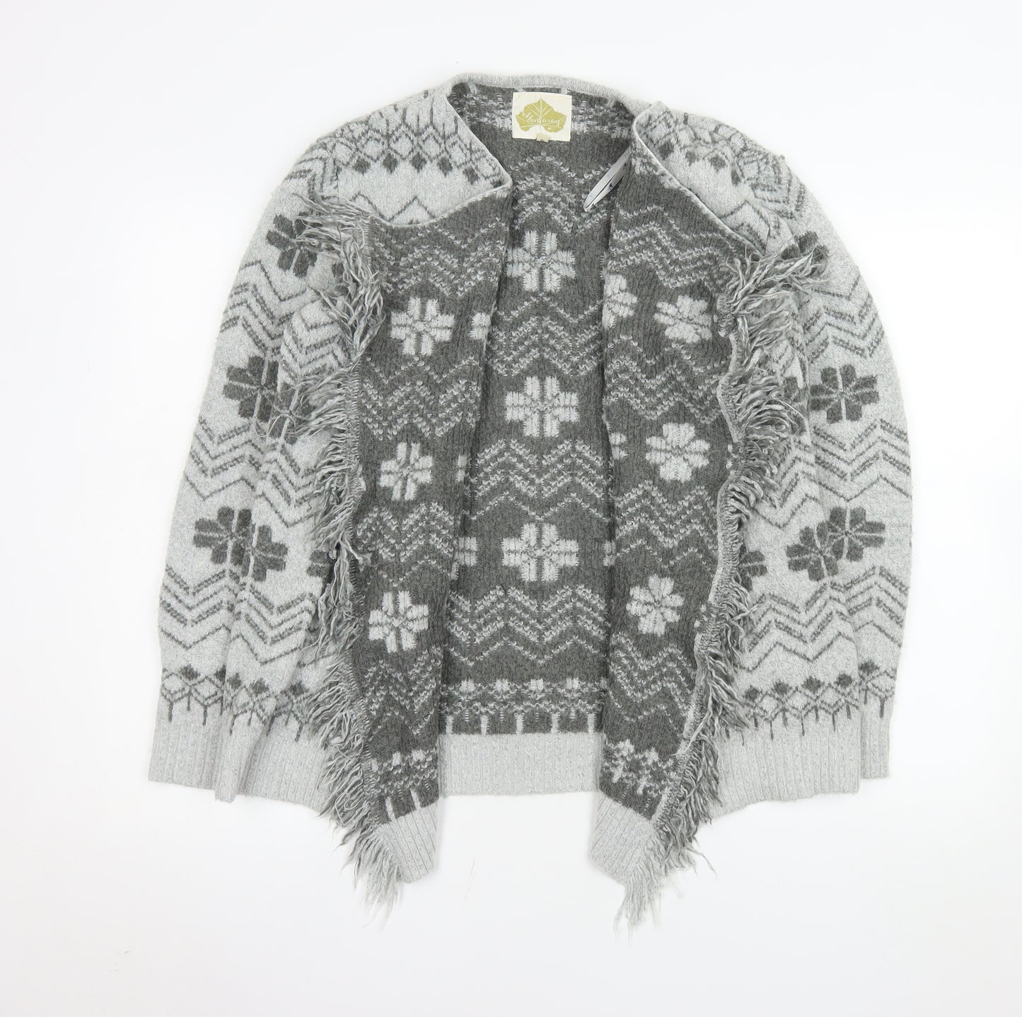 Mantaray Women’s Grey Fair Isle Fringe Cardigan Size 12 Regular