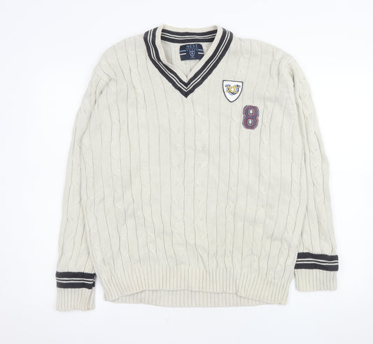 Next Men's Beige V-Neck Cable-Knit Jumper Size L Classic Sports Style