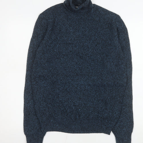Marks and Spencer Men's Blue Roll Neck Chunky Knit Jumper Size S