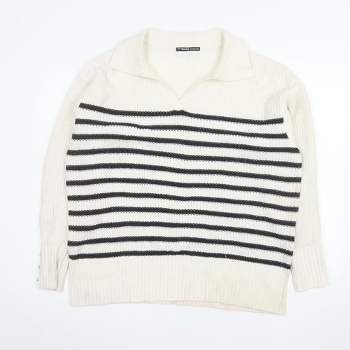 Threadbare Womens Ivory Striped Collared Long Sleeve Jumper UK 12