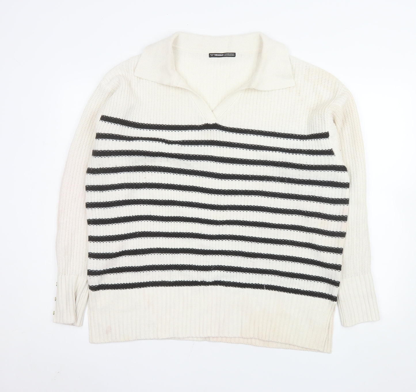 Threadbare Womens Ivory Striped Collared Long Sleeve Jumper UK 12