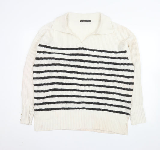 Threadbare Womens Ivory Striped Collared Long Sleeve Jumper UK 12