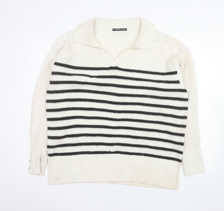 Threadbare Womens Ivory Striped Collared Long Sleeve Jumper UK 12