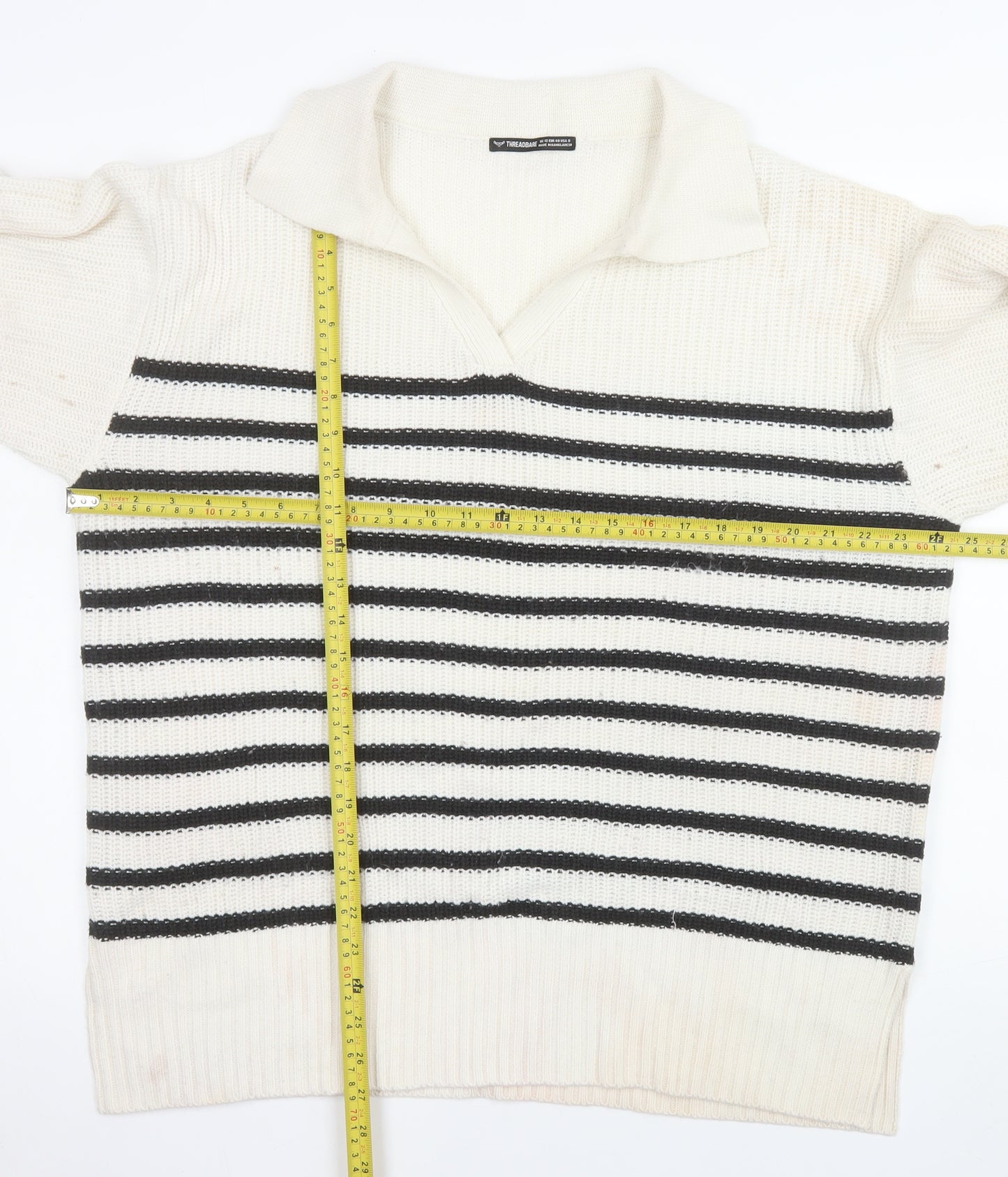 Threadbare Womens Ivory Striped Collared Long Sleeve Jumper UK 12