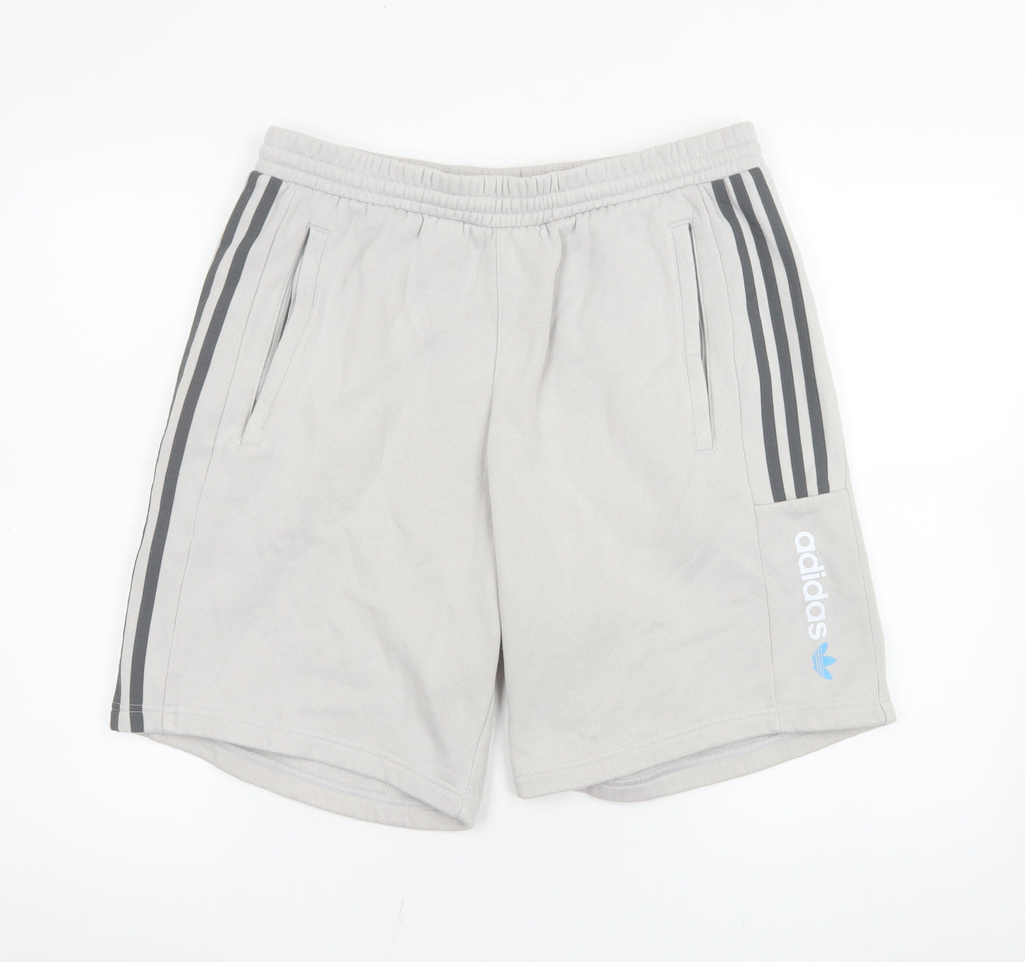 adidas Men Grey L Athletic Shorts with Pockets and 3-Stripes