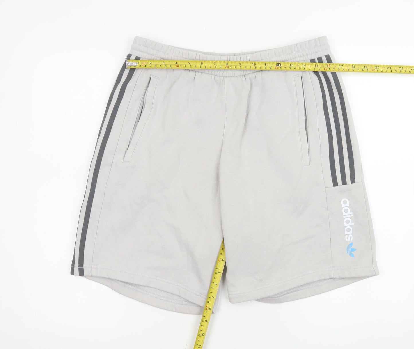 adidas Men Grey L Athletic Shorts with Pockets and 3-Stripes