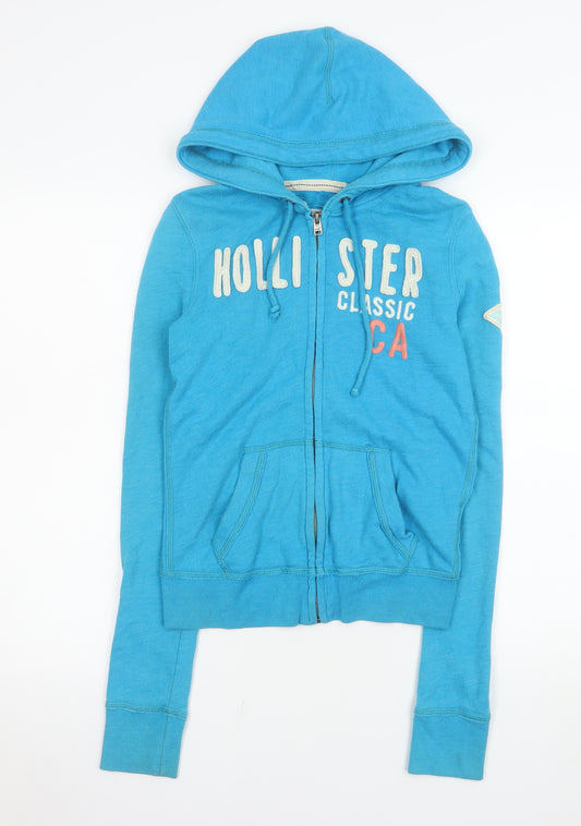 Hollister Women Blue Small Hooded Zip Jacket Casual Cotton Blend
