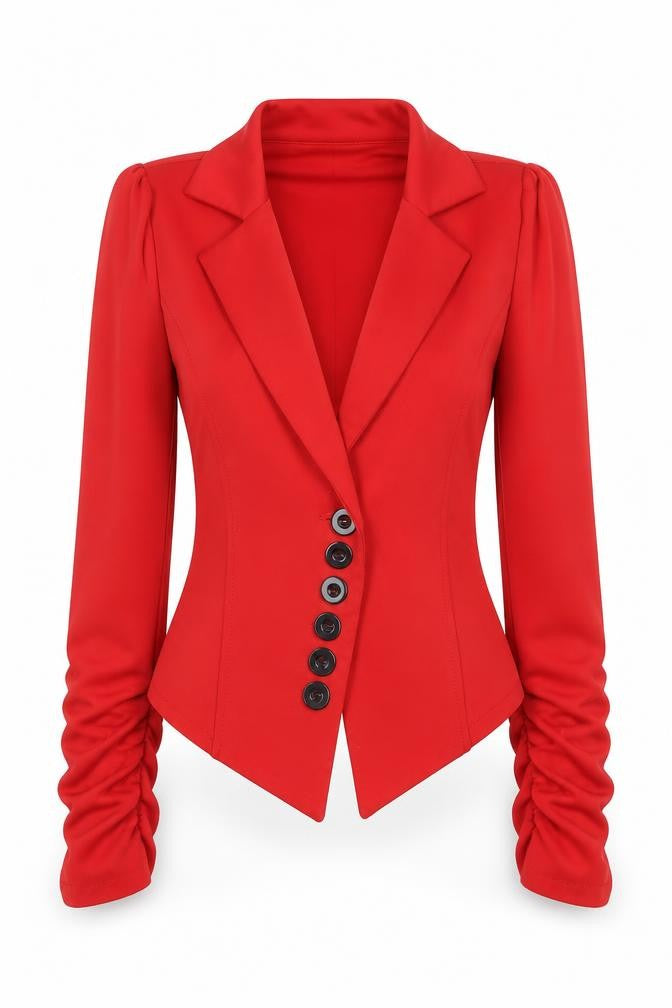 Front view of Quiz Women Red Fitted Long Sleeve Single-Breasted Blazer, size 10