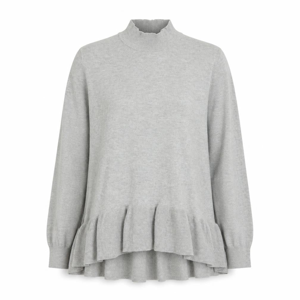 Front view of Vero Moda Women's Grey Ruffle Hem Mock Neck Long Sleeve Tunic Top, size M