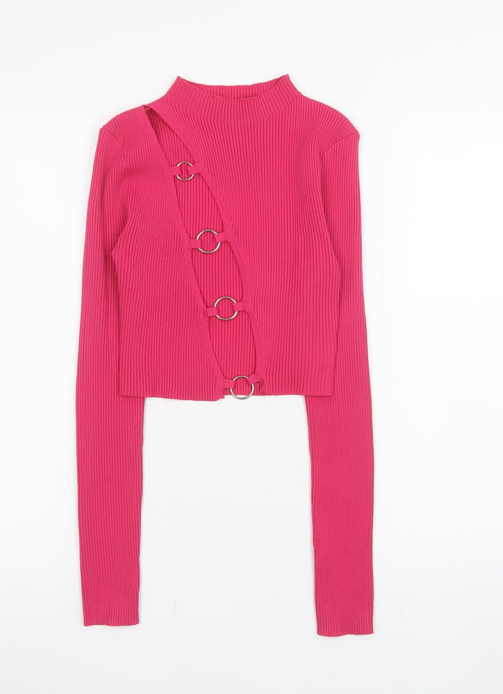 PrettyLittleThing Women’s Pink Cropped Ring Detail Long Sleeve Top Size S