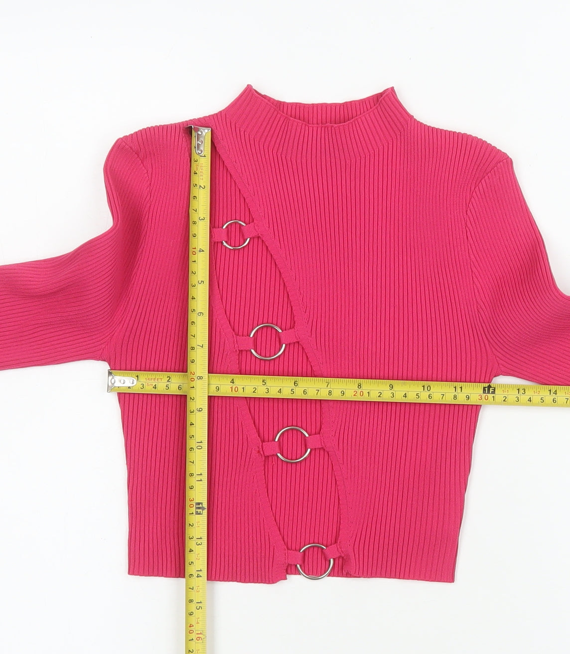 PrettyLittleThing Women’s Pink Cropped Ring Detail Long Sleeve Top Size S
