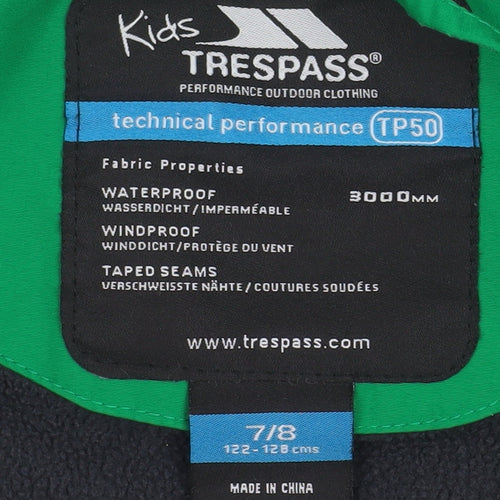 Trespass Boys Green Waterproof Hooded Rain Coat Jacket 7-8 Years