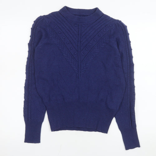Marks and Spencer Women Blue Size 10 Mock Neck Cable-Knit Jumper