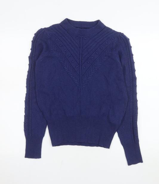 Marks and Spencer Women Blue Size 10 Mock Neck Cable-Knit Jumper