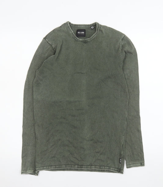 ONLY & SONS Men's Green Cotton Crew Neck Long Sleeve Jumper XS