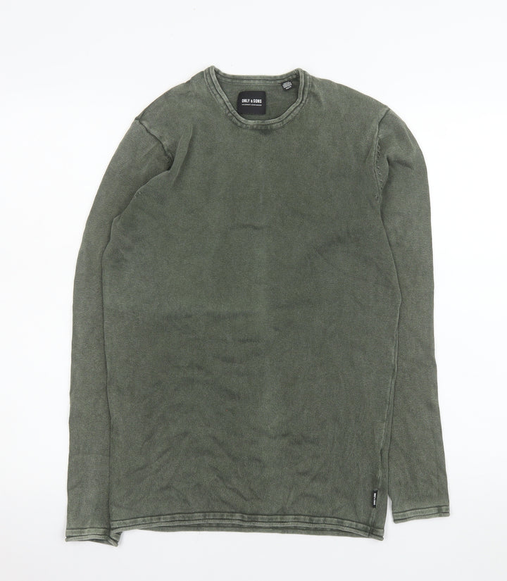 ONLY & SONS Men's Green Cotton Crew Neck Long Sleeve Jumper XS
