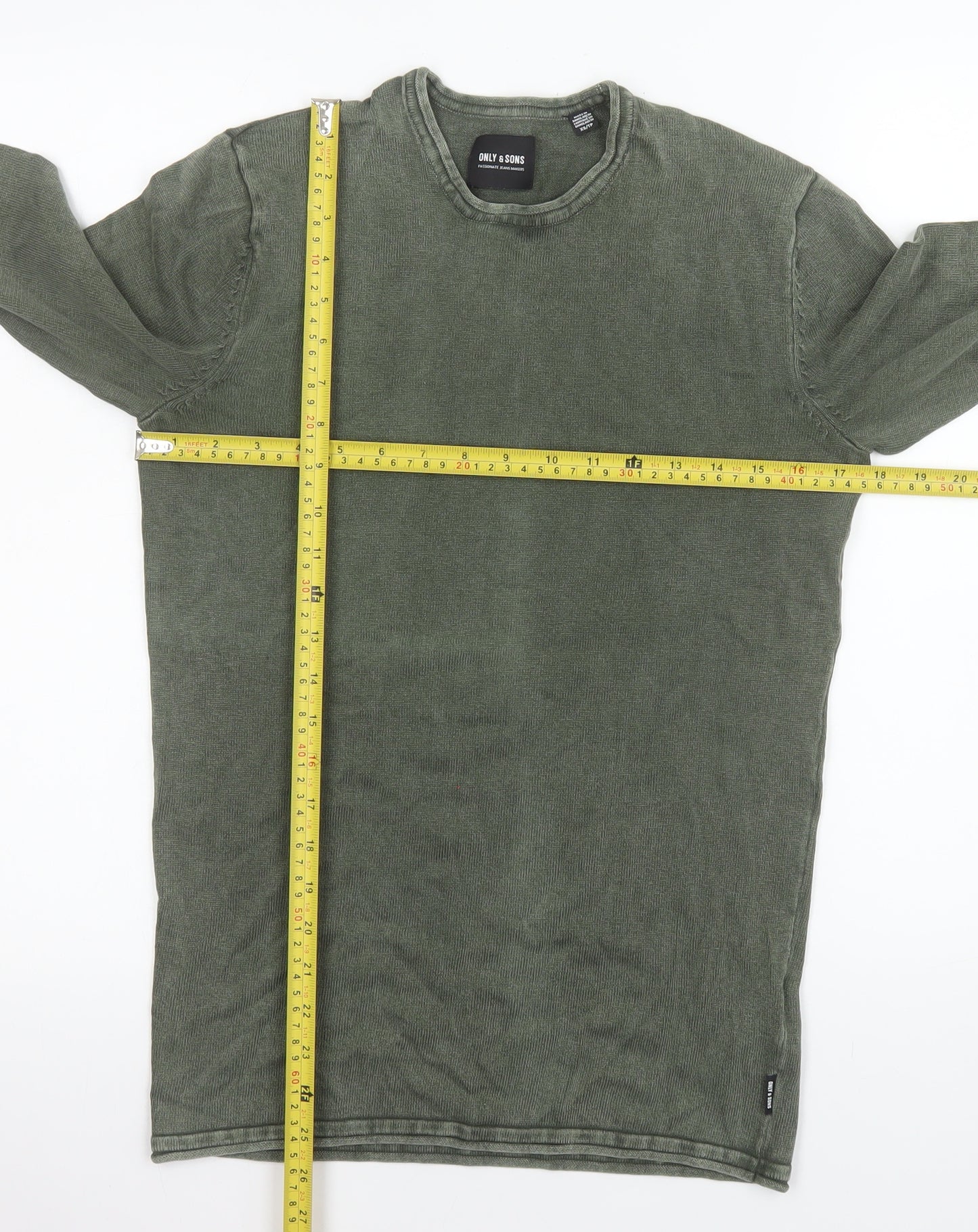 ONLY & SONS Men's Green Cotton Crew Neck Long Sleeve Jumper XS