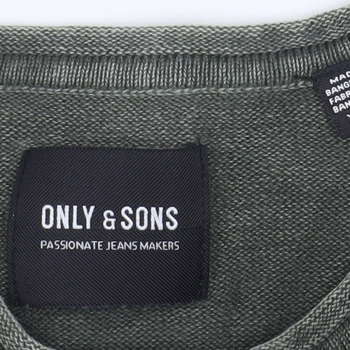 ONLY & SONS Men's Green Cotton Crew Neck Long Sleeve Jumper XS
