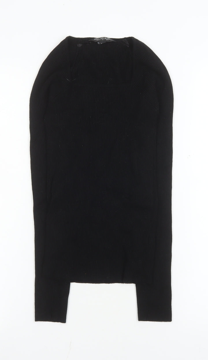 Miss Selfridge Women's Black Size 8 Ribbed Long Sleeve Slim Fit Top