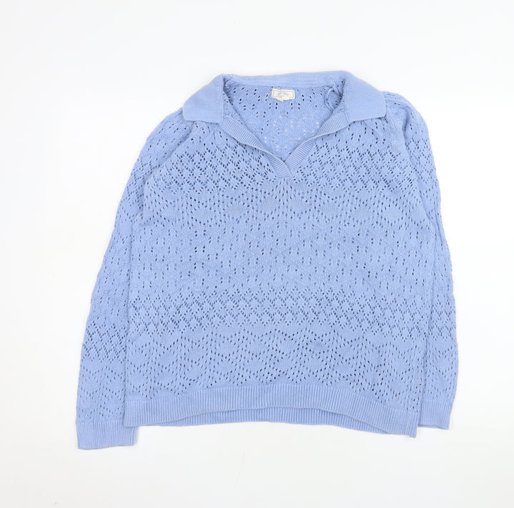 Fat Face Women's Blue Cotton Collared V-Neck Open-Knit Jumper Size 14