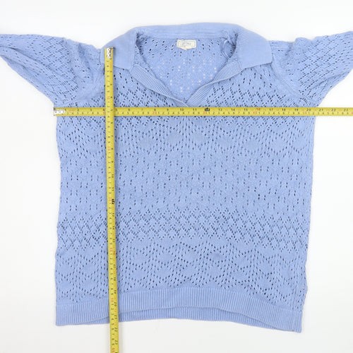 Fat Face Women's Blue Cotton Collared V-Neck Open-Knit Jumper Size 14