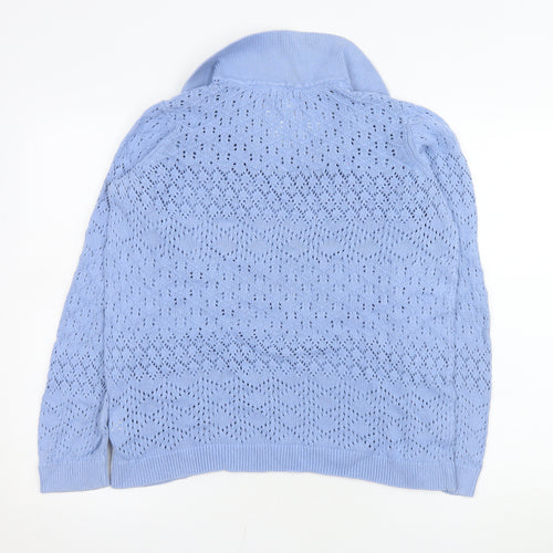 Fat Face Women's Blue Cotton Collared V-Neck Open-Knit Jumper Size 14