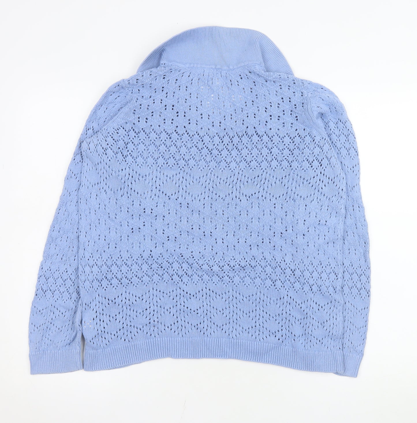 Fat Face Women's Blue Cotton Collared V-Neck Open-Knit Jumper Size 14