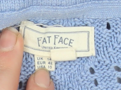 Fat Face Women's Blue Cotton Collared V-Neck Open-Knit Jumper Size 14