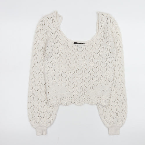 Forever 21 Women Ivory Crochet Knit Cropped Long Sleeve Blouse S