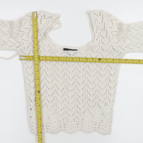 Forever 21 Women Ivory Crochet Knit Cropped Long Sleeve Blouse S