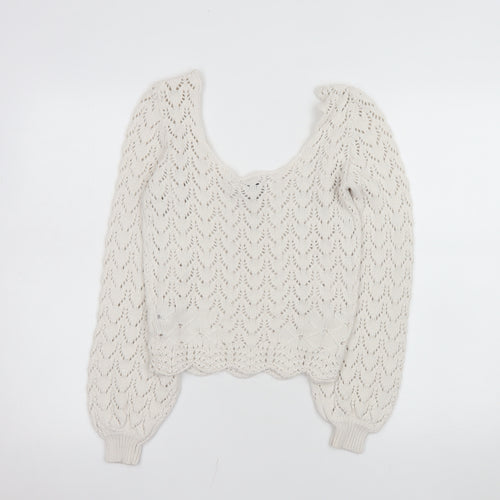 Forever 21 Women Ivory Crochet Knit Cropped Long Sleeve Blouse S
