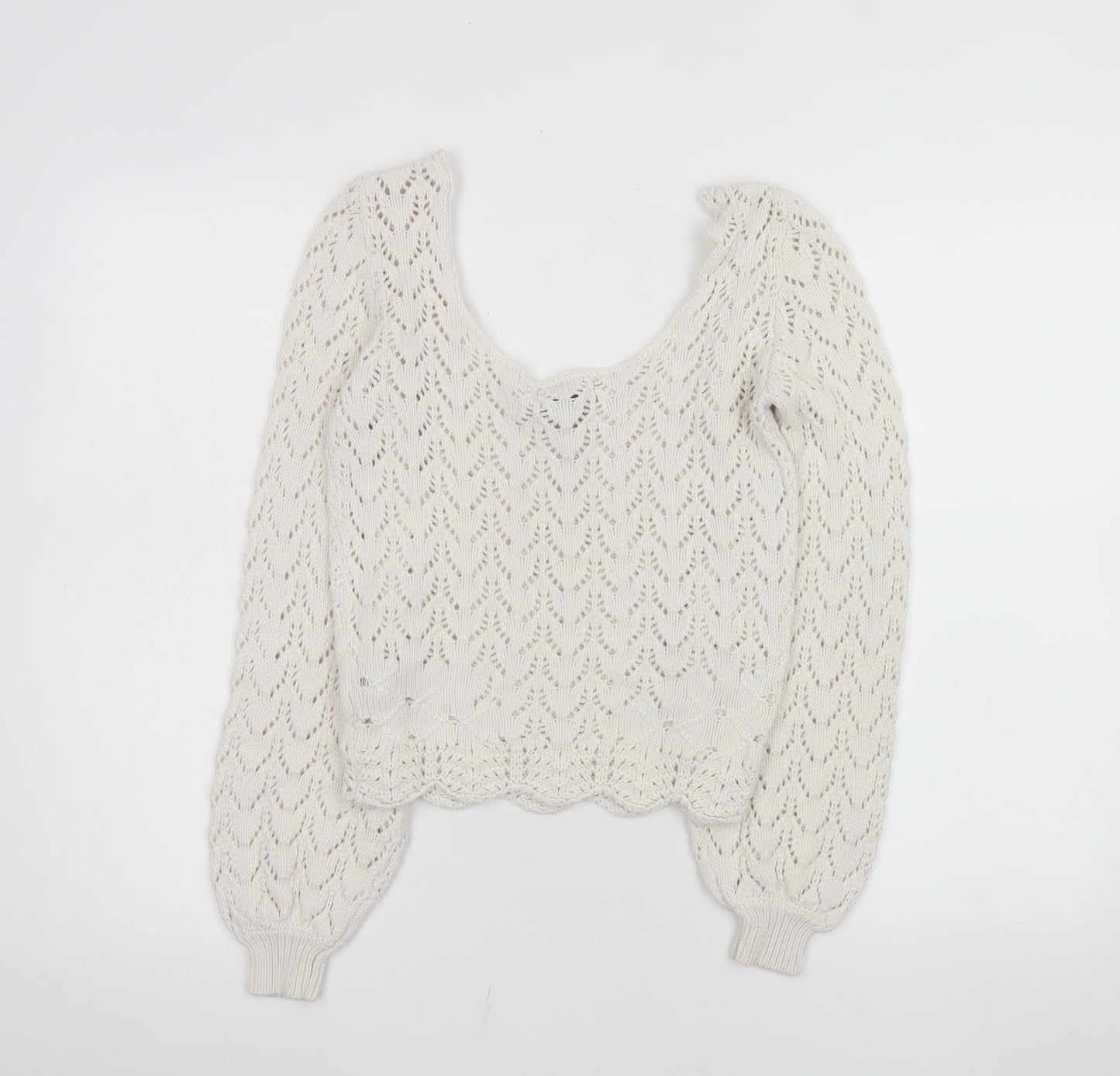 Forever 21 Women Ivory Crochet Knit Cropped Long Sleeve Blouse S