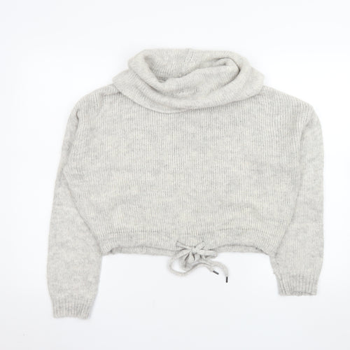 H&M Women’s Grey Roll Neck Drawstring Hem Jumper XS